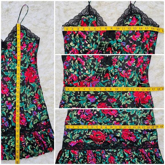 VTG Floral Satin Chemise Victoria's Secret Size M Black Lace Pleats Vintage EUC - Picture 6 of 8